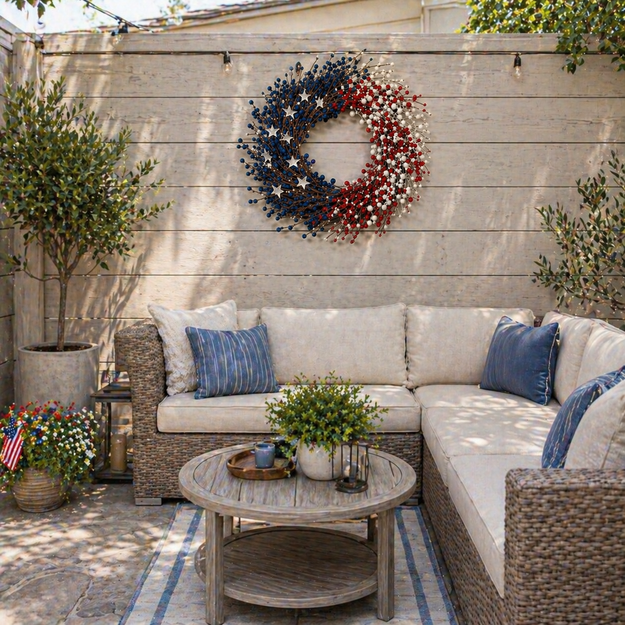 Lighted Patriotic Berry Wreath with Warm LED String Lights