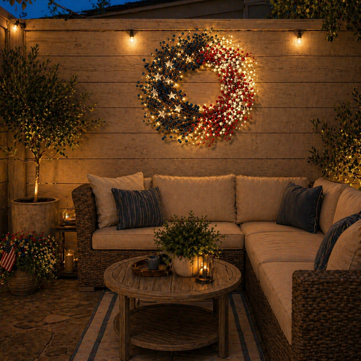 Lighted Patriotic Berry Wreath with Warm LED String Lights