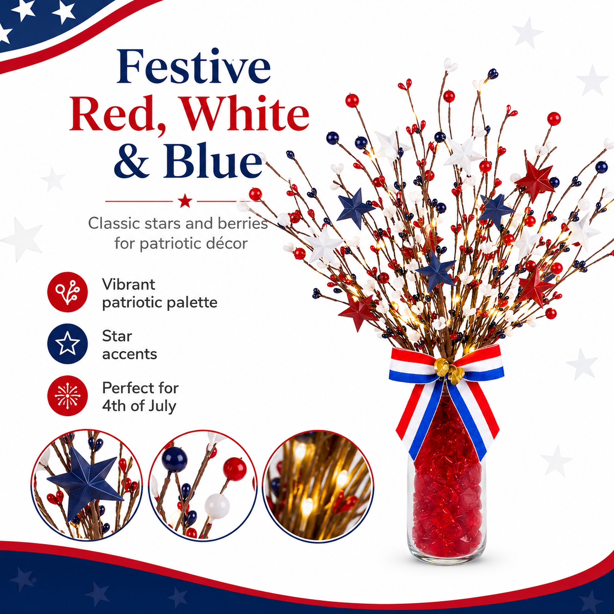 3 Pack Lighted Patriotic Berry Stem Picks