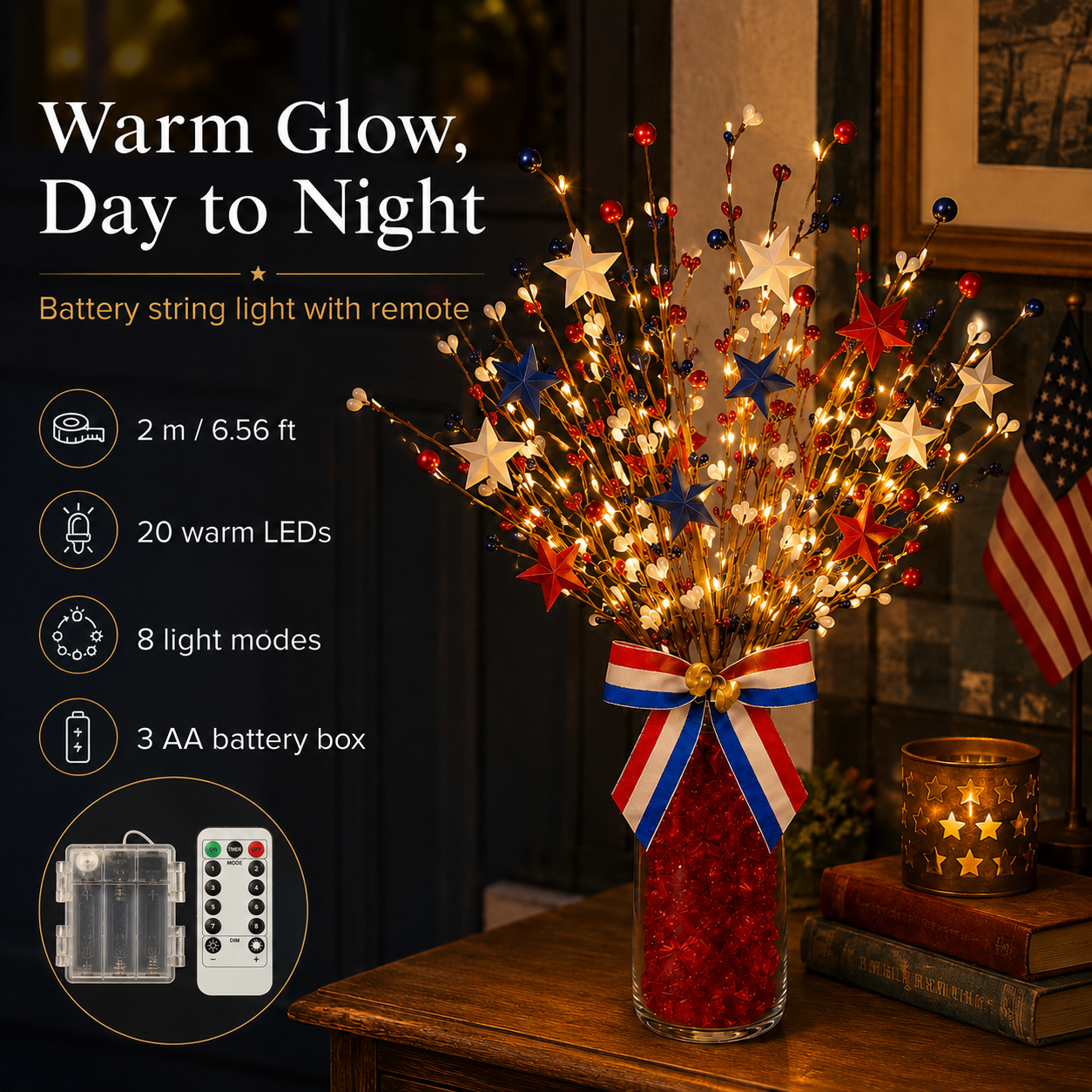 3 Pack Lighted Patriotic Berry Stem Picks