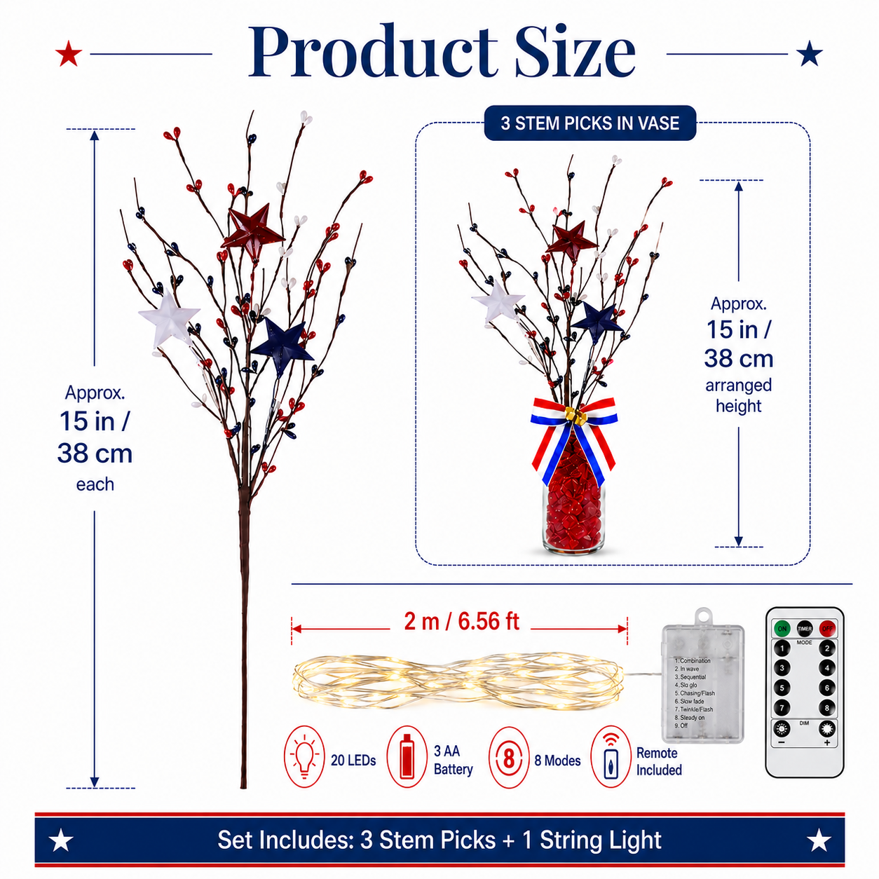 3 Pack Lighted Patriotic Berry Stem Picks