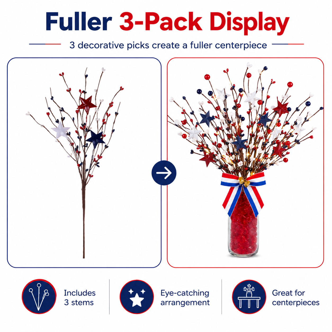 3 Pack Lighted Patriotic Berry Stem Picks