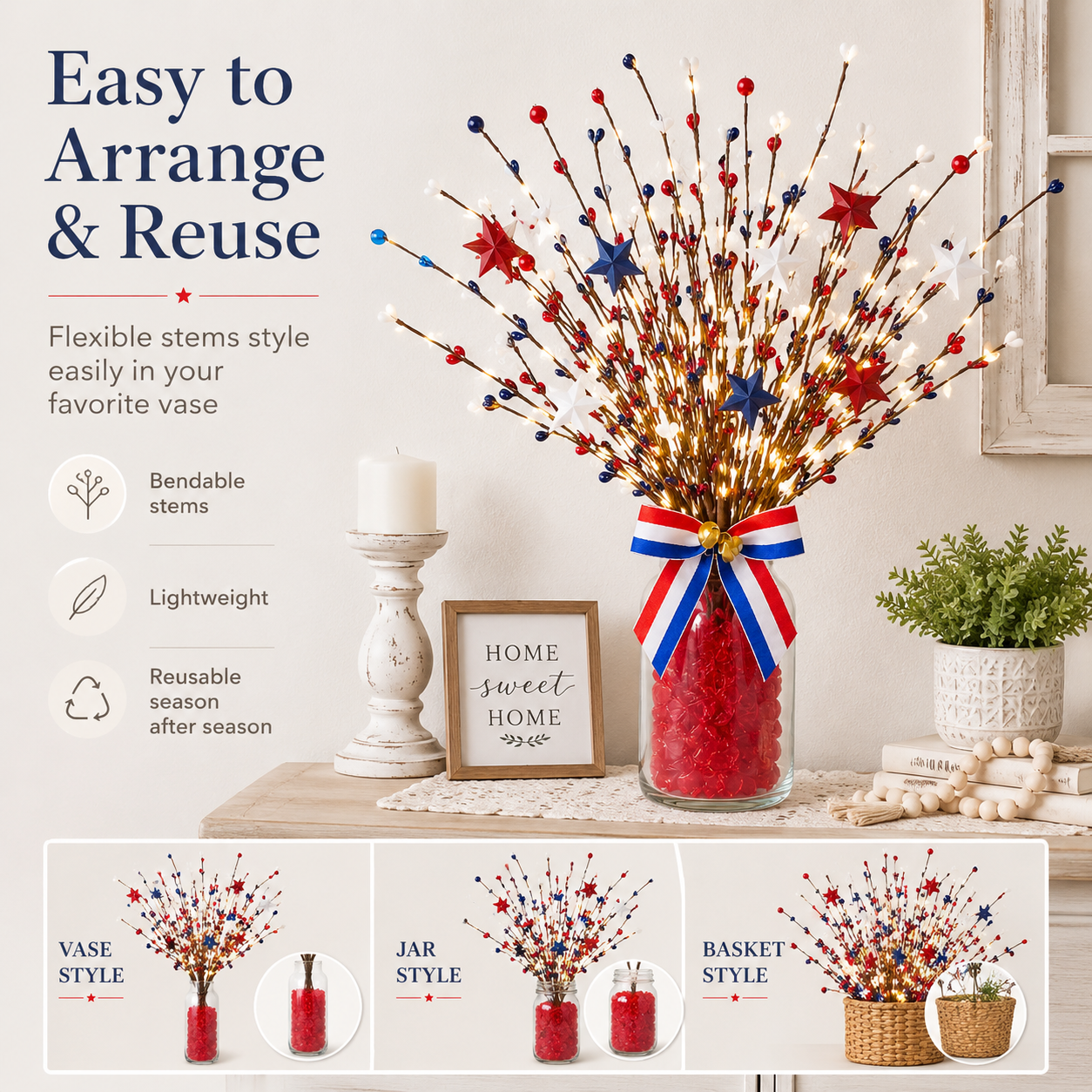 3 Pack Lighted Patriotic Berry Stem Picks