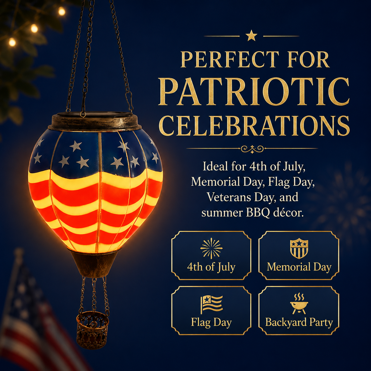 American Flag Hot Air Balloon Solar Lantern