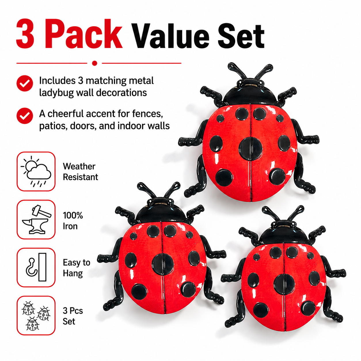 3 Pack Metal Ladybug Wall Decor