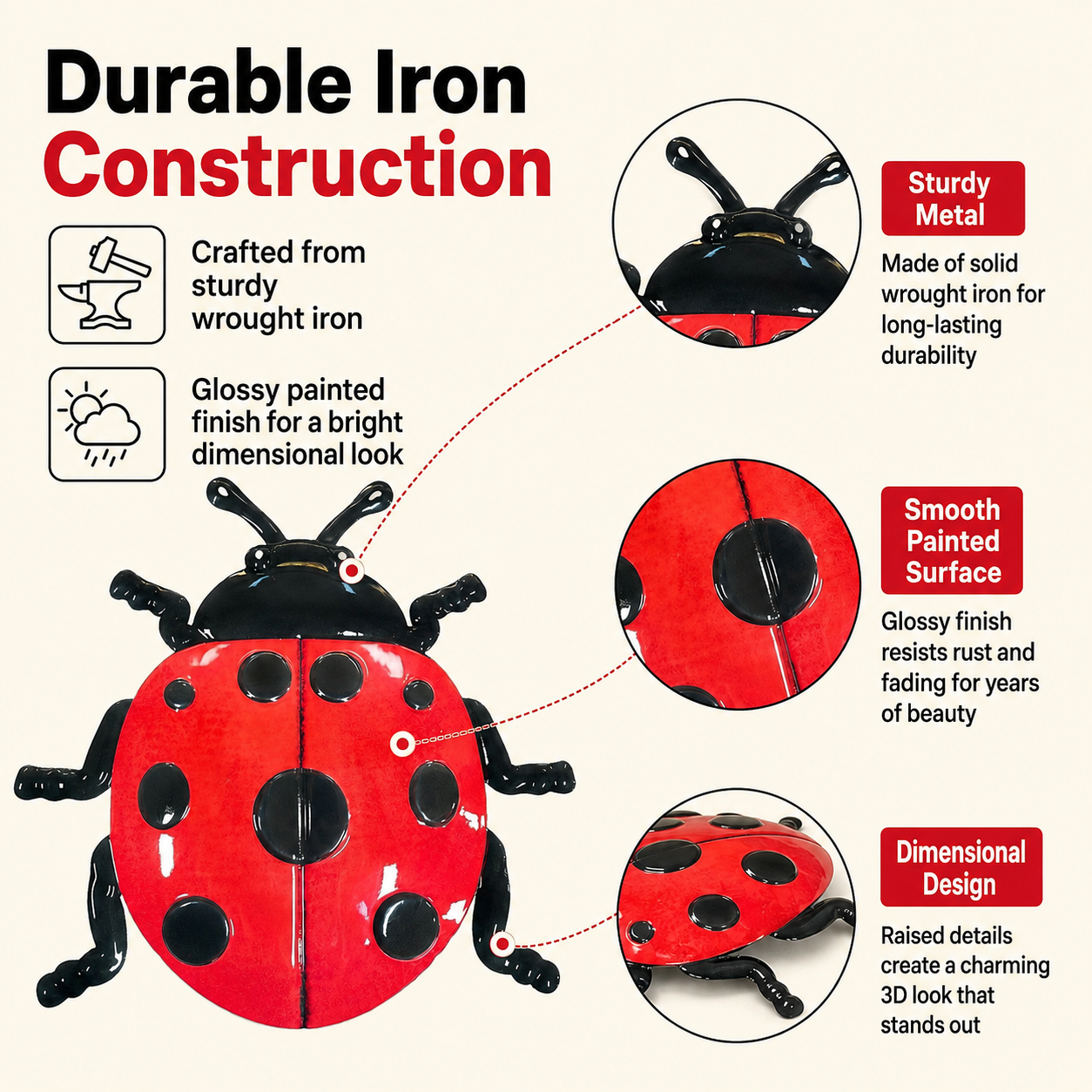 3 Pack Metal Ladybug Wall Decor