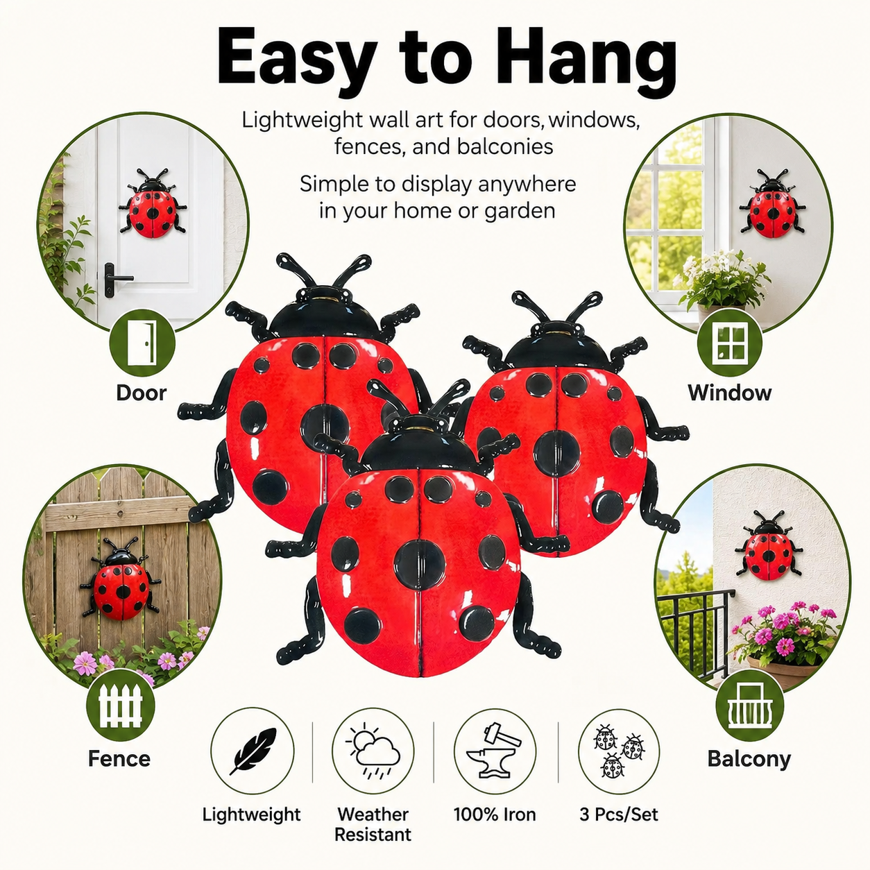 3 Pack Metal Ladybug Wall Decor