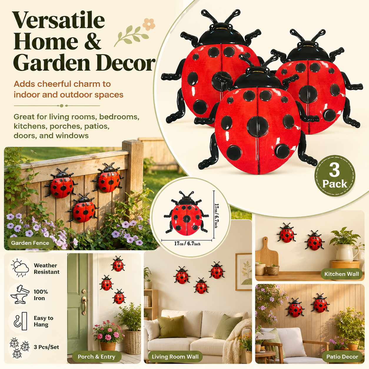 3 Pack Metal Ladybug Wall Decor