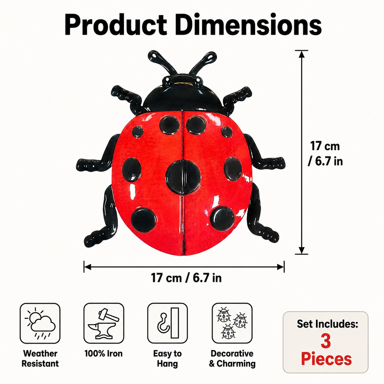3 Pack Metal Ladybug Wall Decor