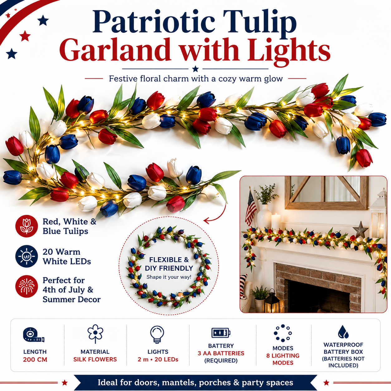 Patriotic-Themed Artificial Tulip Vine with Lights