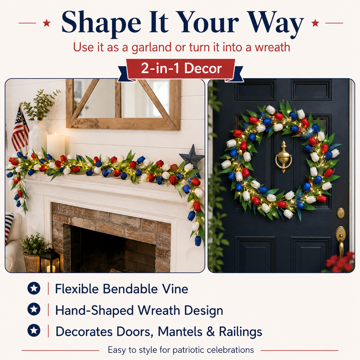 Patriotic-Themed Artificial Tulip Vine with Lights