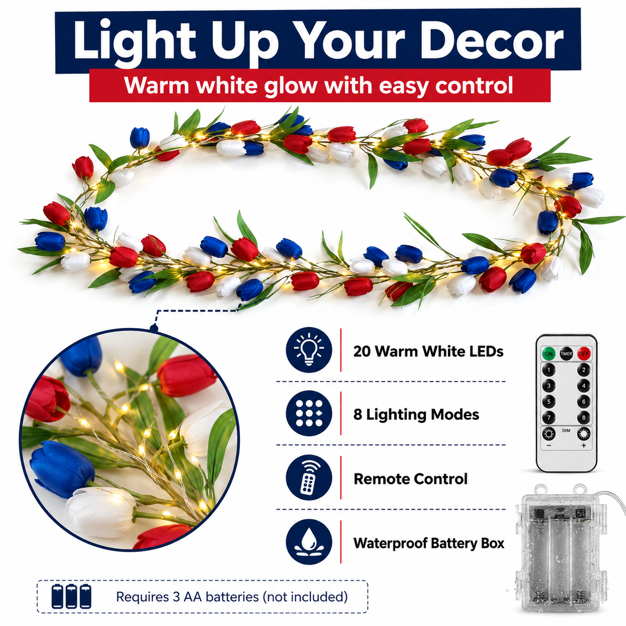 Patriotic-Themed Artificial Tulip Vine with Lights