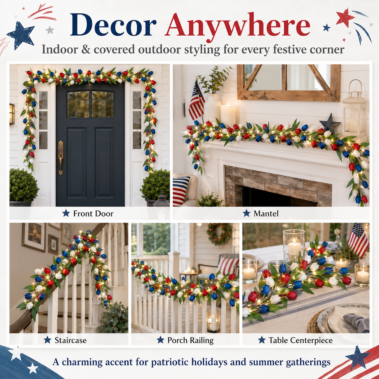 Patriotic-Themed Artificial Tulip Vine with Lights