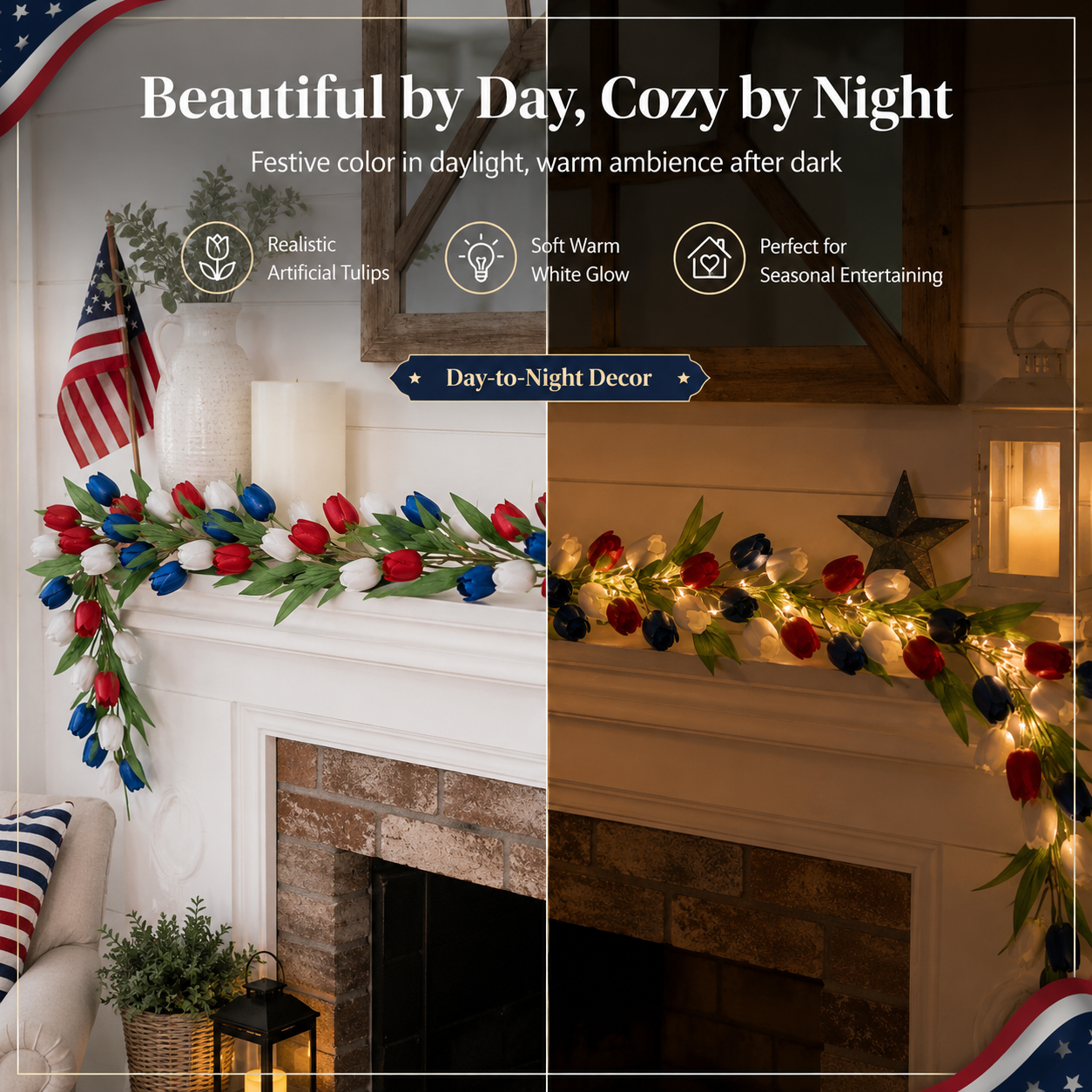 Patriotic-Themed Artificial Tulip Vine with Lights