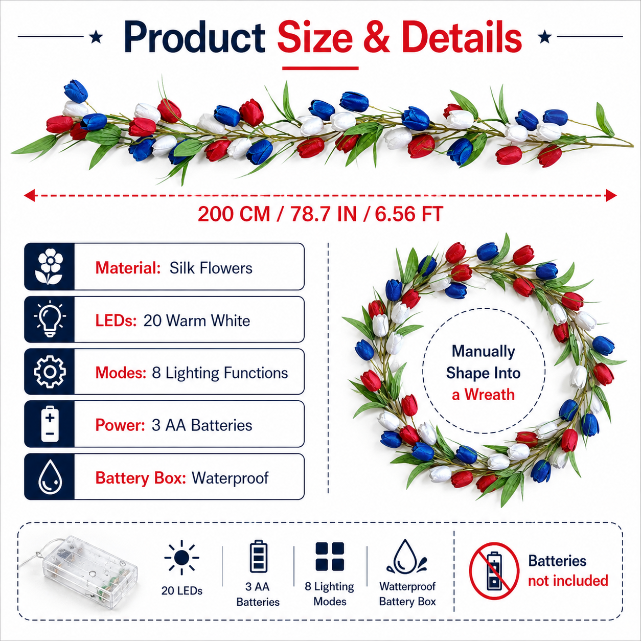 Patriotic-Themed Artificial Tulip Vine with Lights