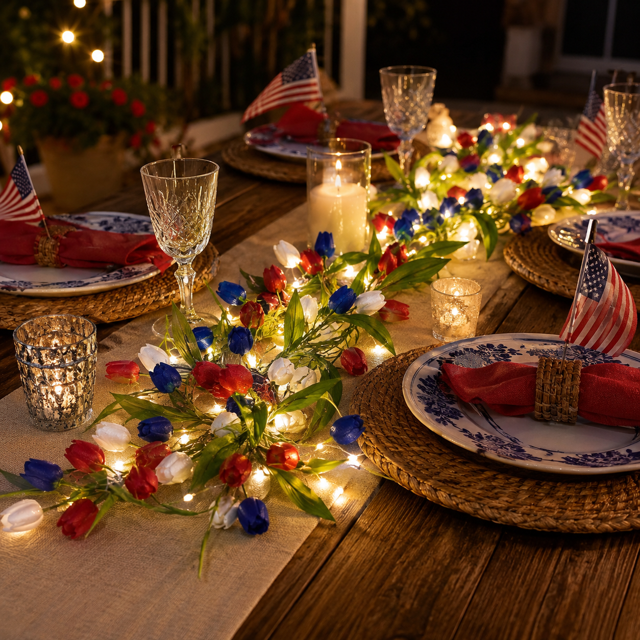Patriotic-Themed Artificial Tulip Vine with Lights