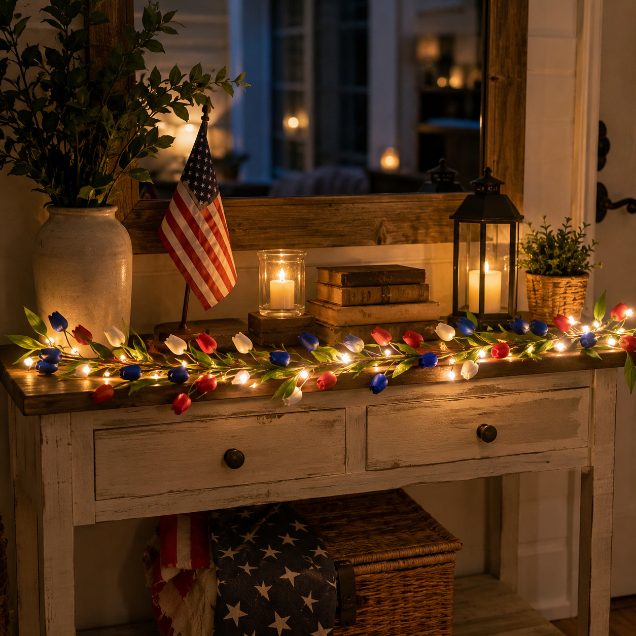 Patriotic-Themed Artificial Tulip Vine with Lights