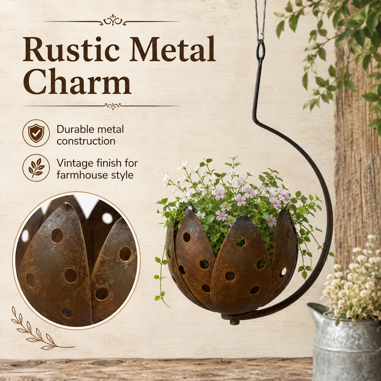 Rustic Hanging Metal Flower Pot
