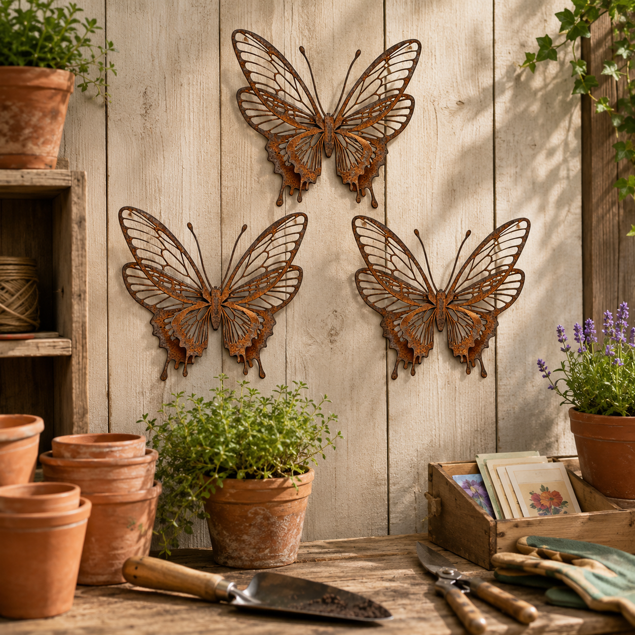 3 Pack Vintage Rust Metal Butterfly Garden Sculptures