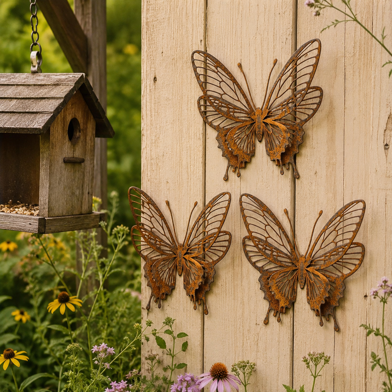 3 Pack Vintage Rust Metal Butterfly Garden Sculptures