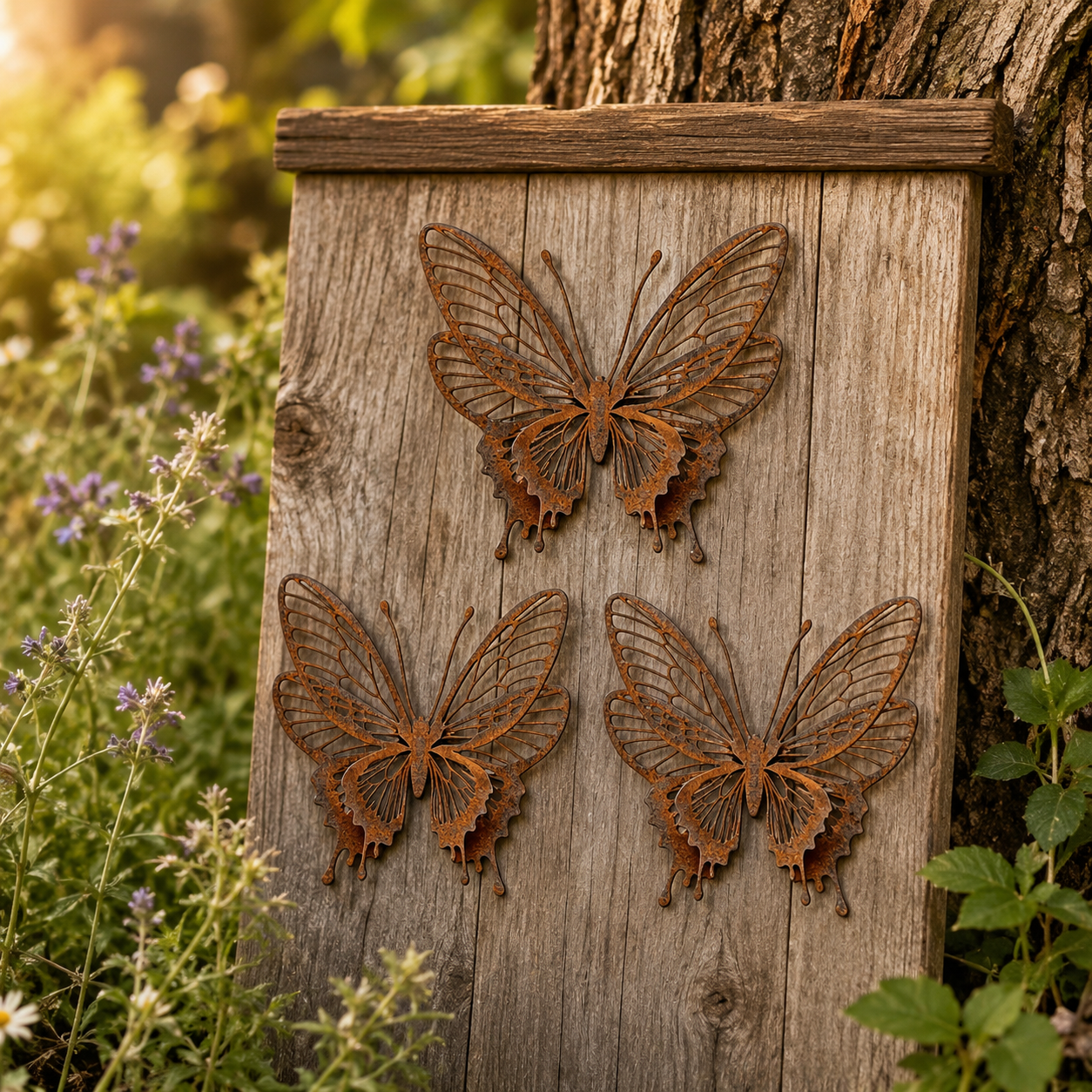 3 Pack Vintage Rust Metal Butterfly Garden Sculptures