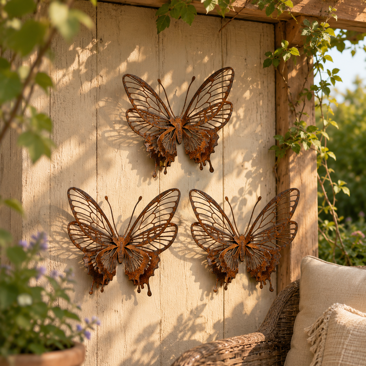 3 Pack Vintage Rust Metal Butterfly Garden Sculptures