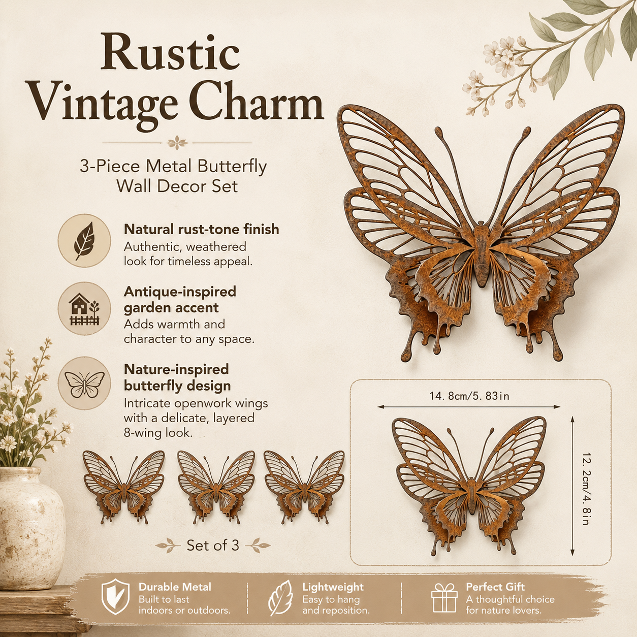 3 Pack Vintage Rust Metal Butterfly Garden Sculptures