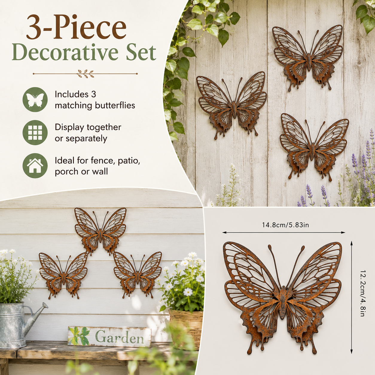 3 Pack Vintage Rust Metal Butterfly Garden Sculptures