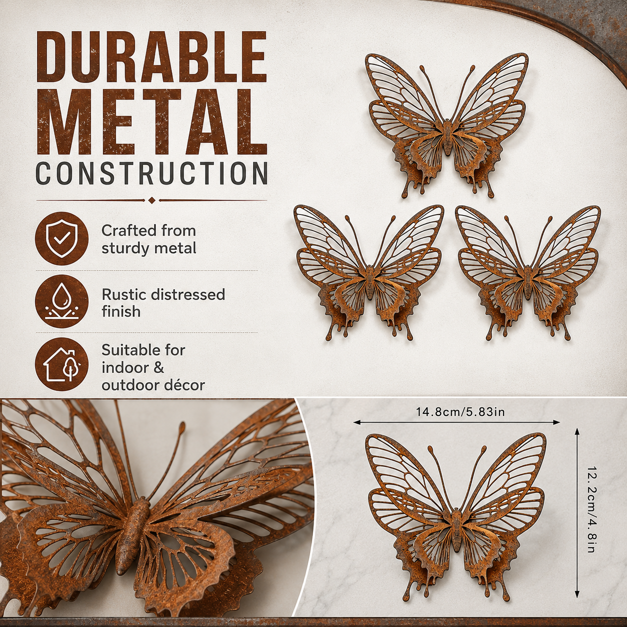 3 Pack Vintage Rust Metal Butterfly Garden Sculptures