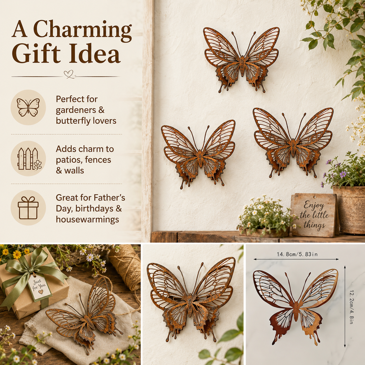 3 Pack Vintage Rust Metal Butterfly Garden Sculptures