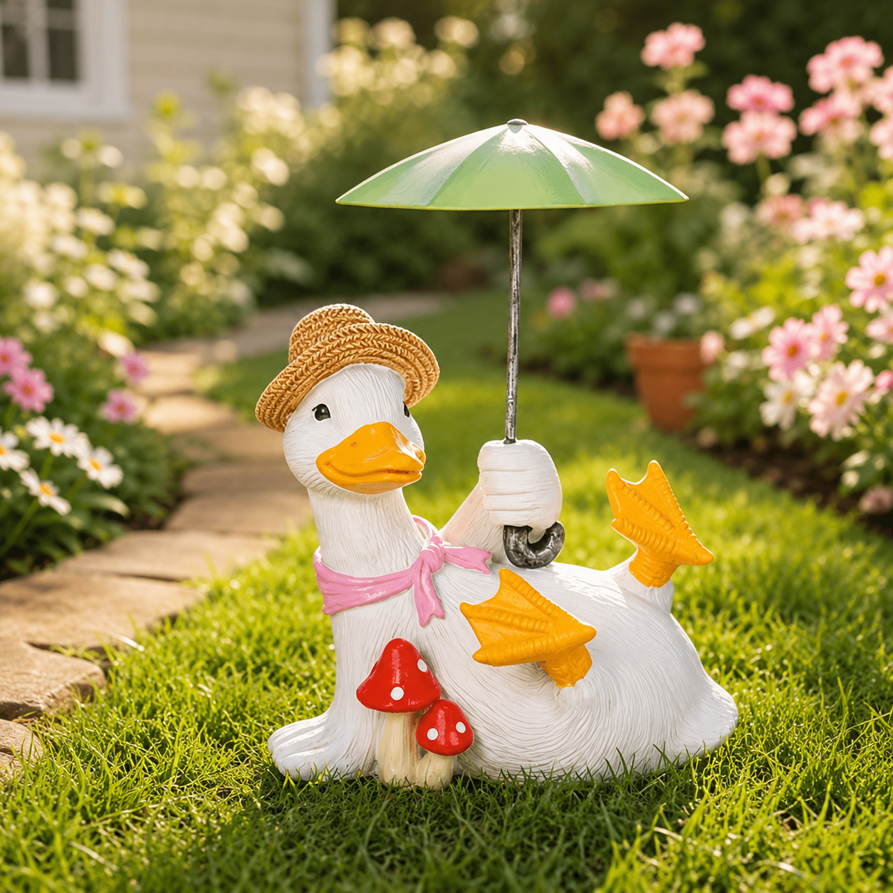 Whimsical Duck with Umbrella Garden Statue
