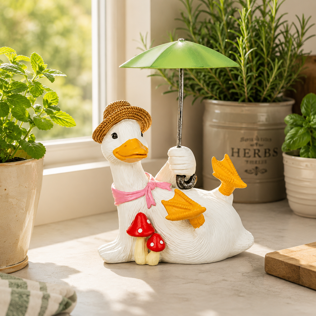 Whimsical Duck with Umbrella Garden Statue