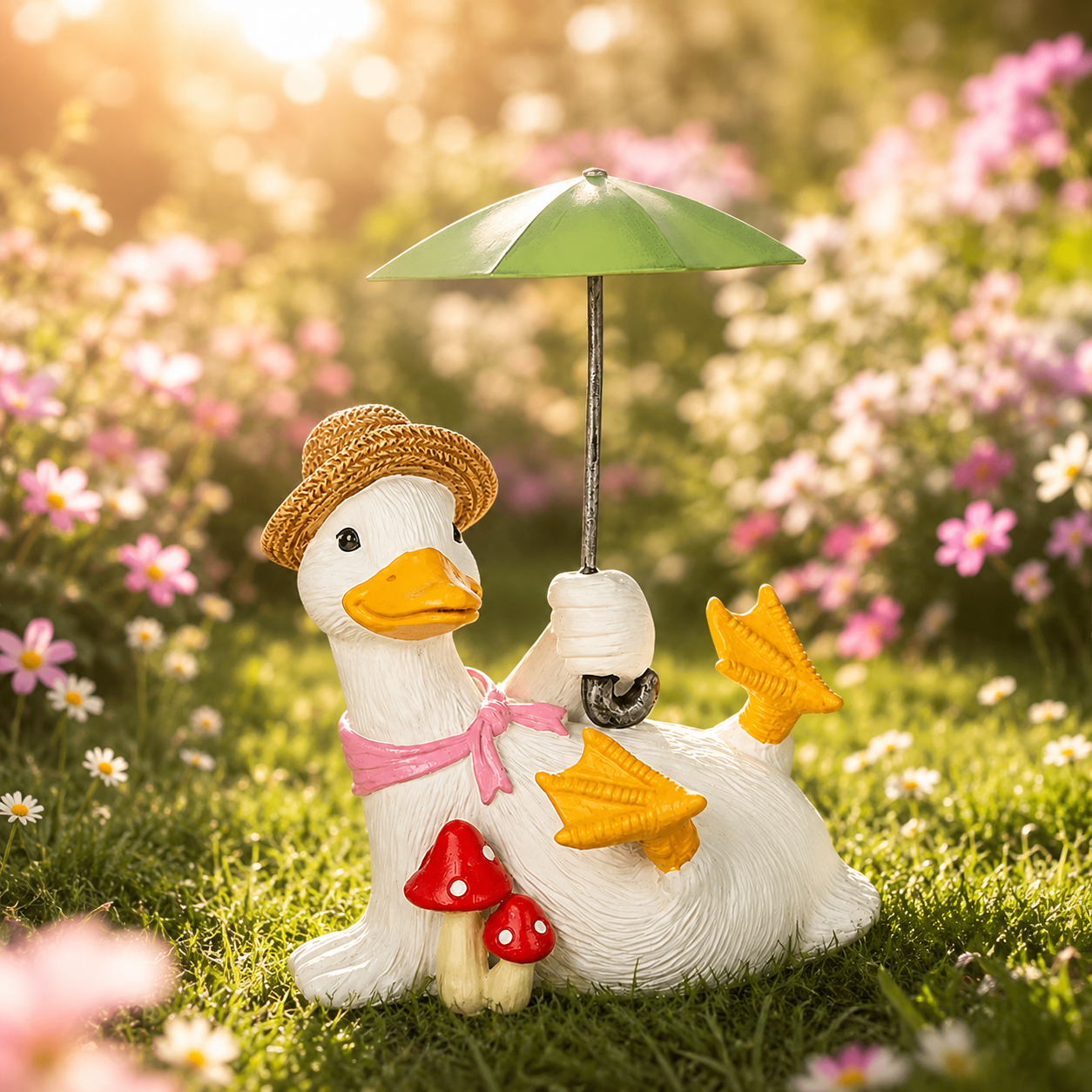 Whimsical Duck with Umbrella Garden Statue