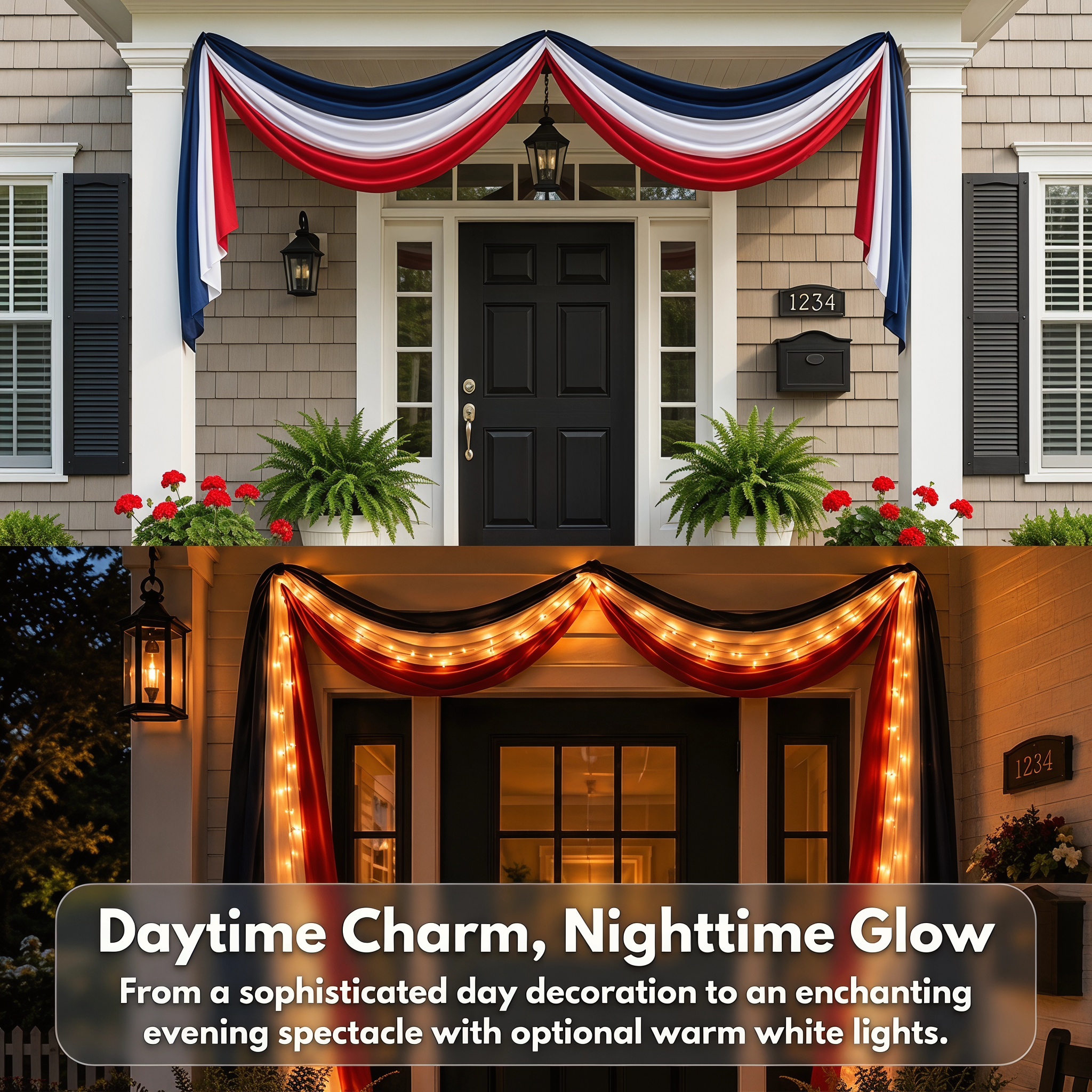 American Flag Triangular Banner 2x20ft Patriotic Theme Banner (Optional Warm White String Lights)