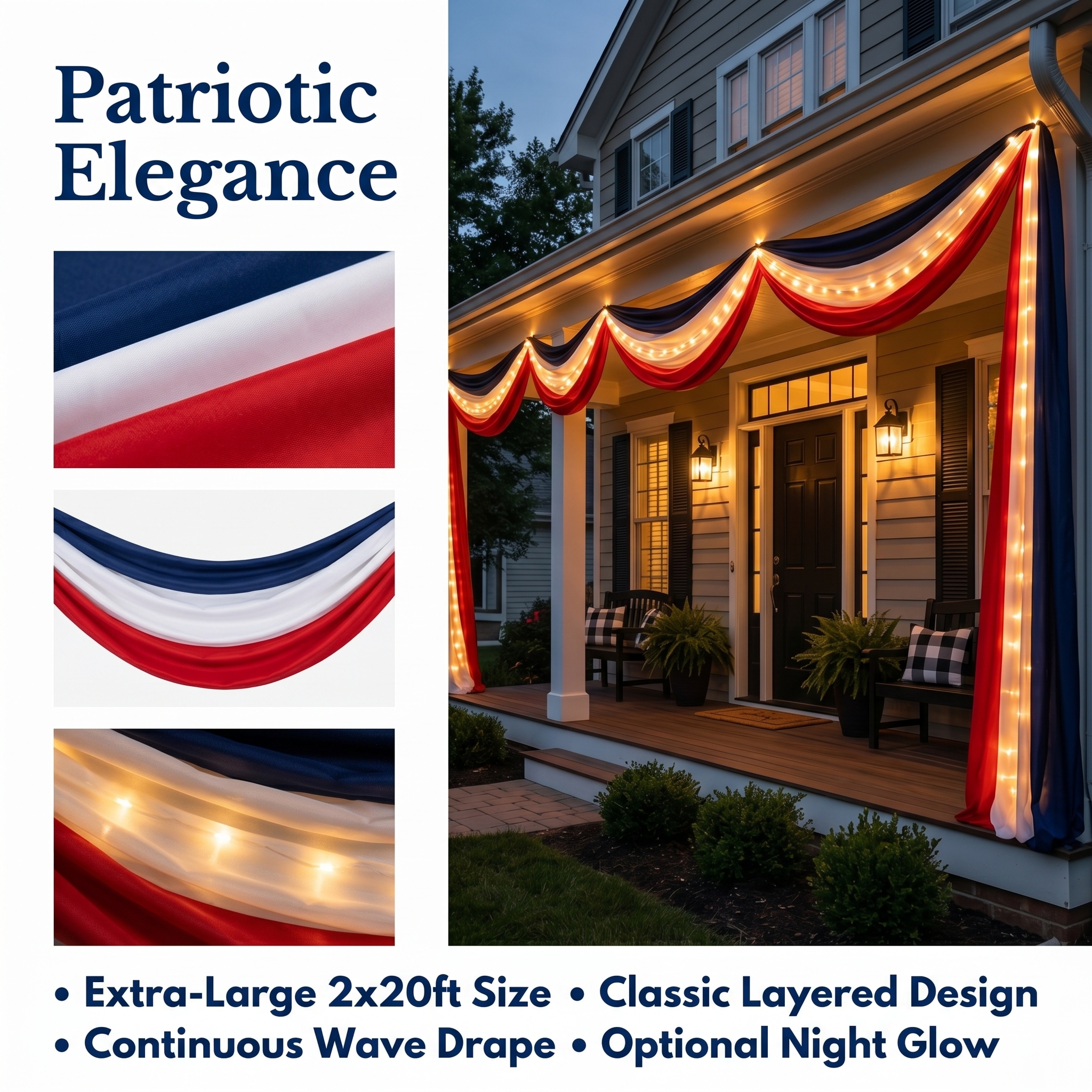 American Flag Triangular Banner 2x20ft Patriotic Theme Banner (Optional Warm White String Lights)