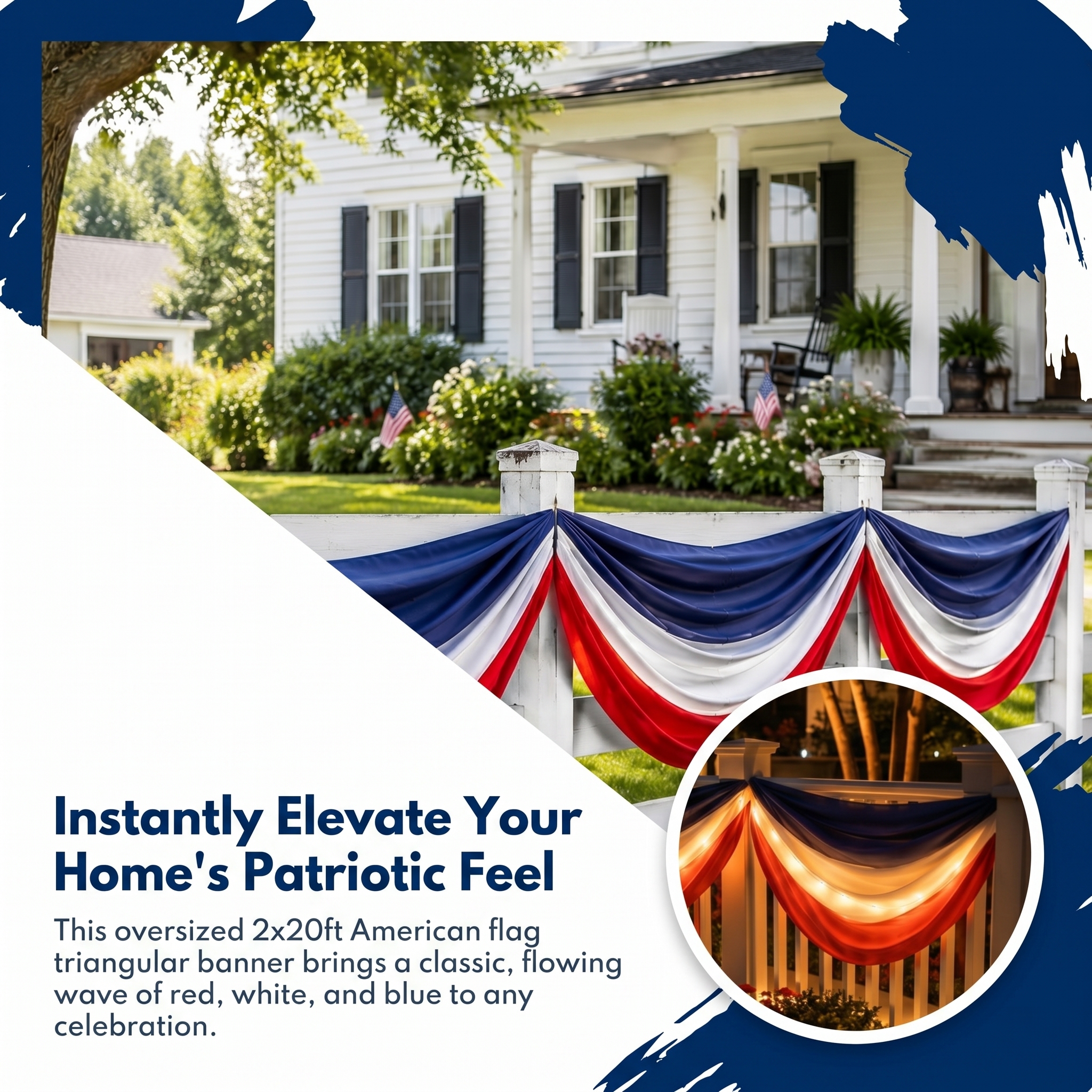 American Flag Triangular Banner 2x20ft Patriotic Theme Banner (Optional Warm White String Lights)