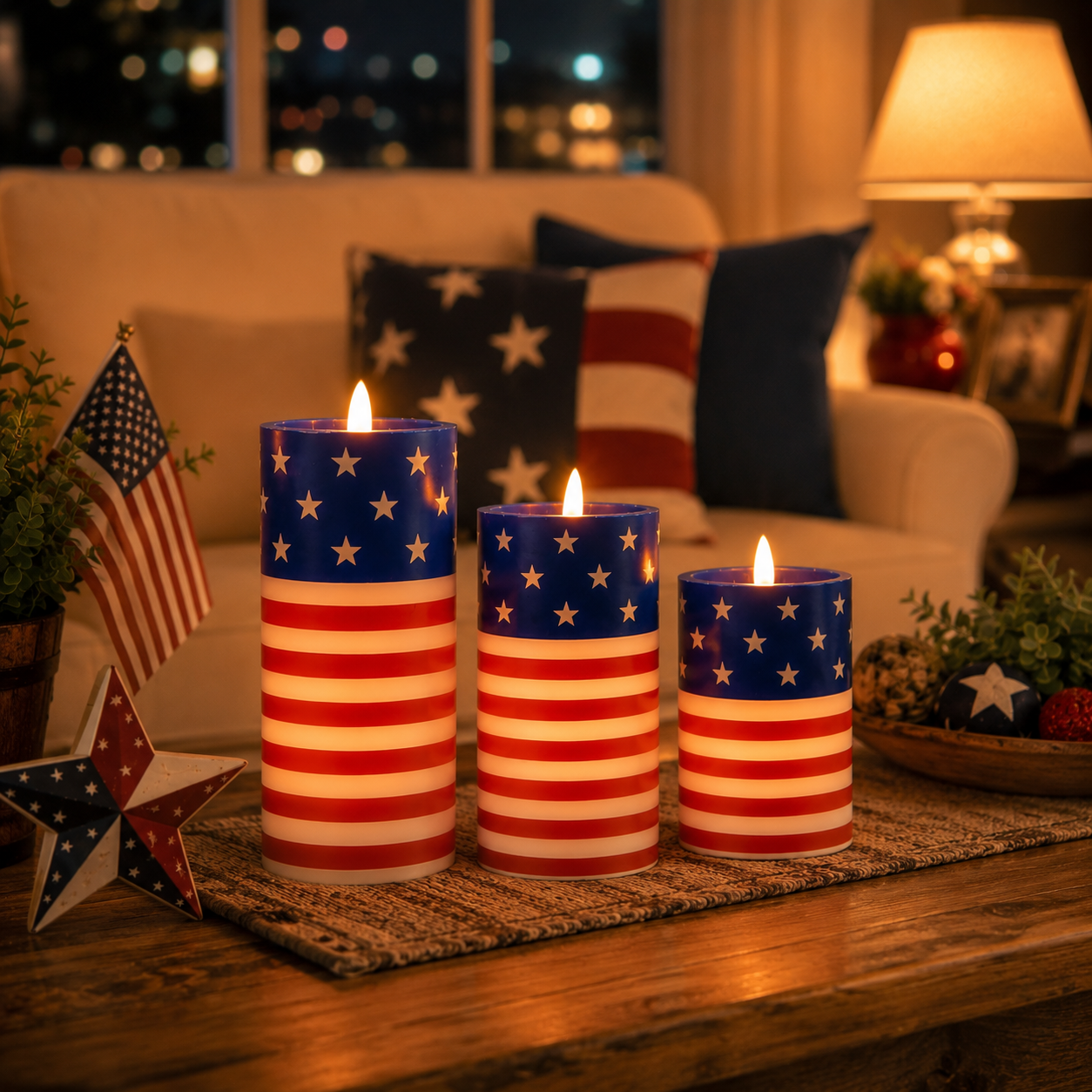 3PCS American Flag Flameless Candles with Moving Flame