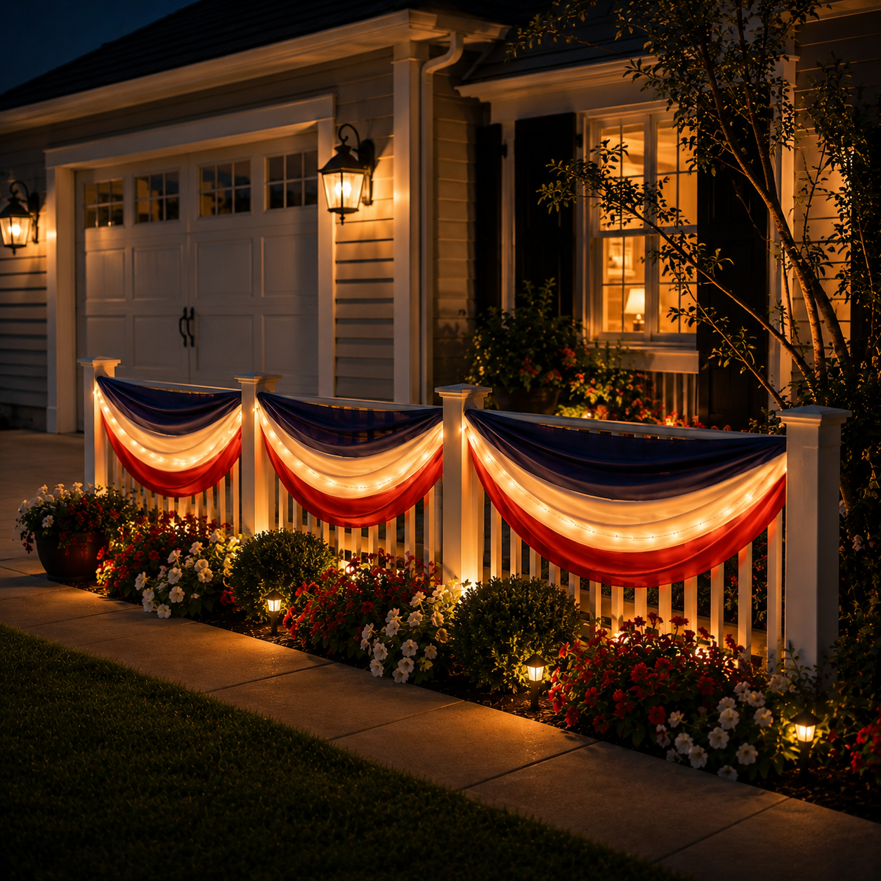 American Flag Triangular Banner 2x20ft Patriotic Theme Banner (Optional Warm White String Lights)