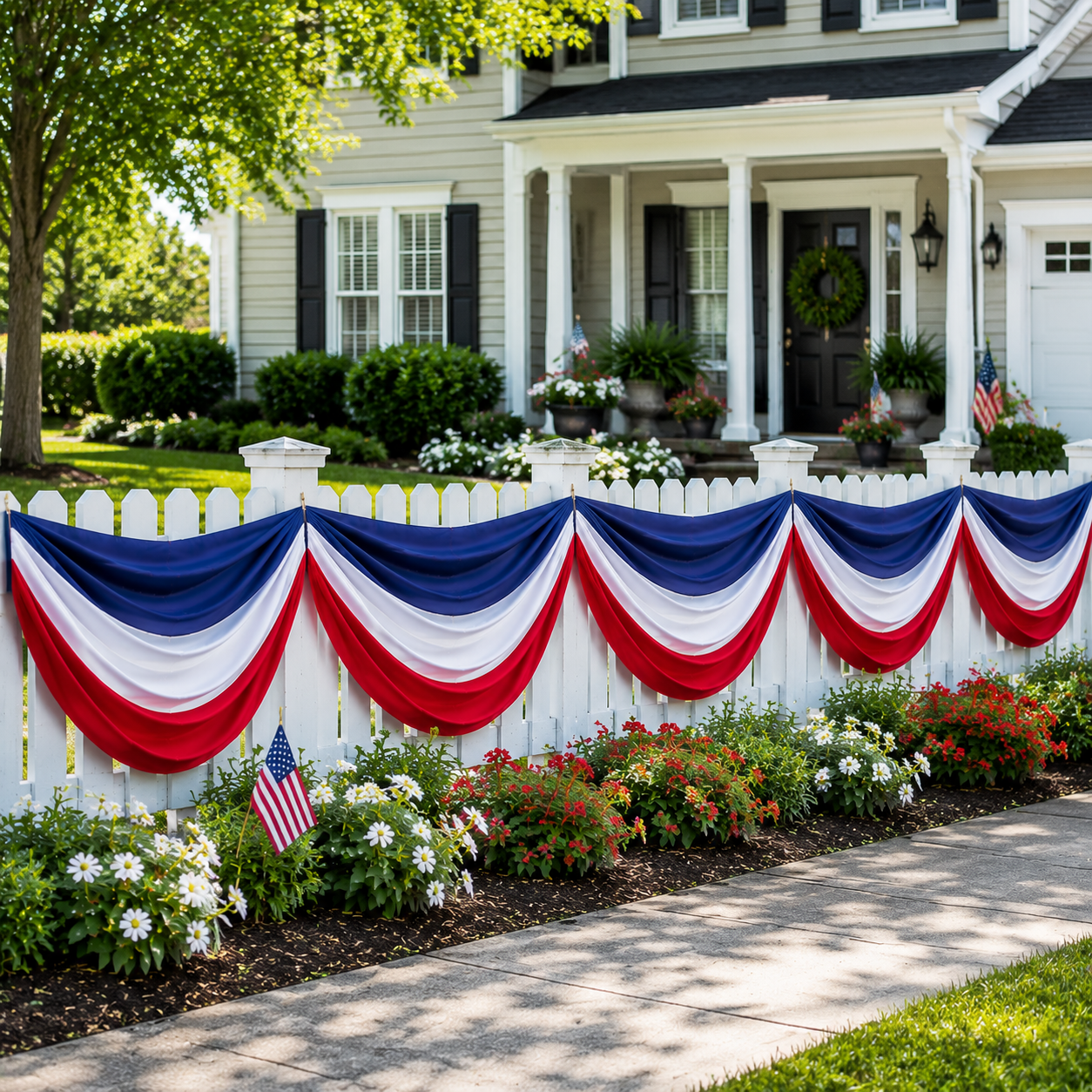 American Flag Triangular Banner 2x20ft Patriotic Theme Banner (Optional Warm White String Lights)