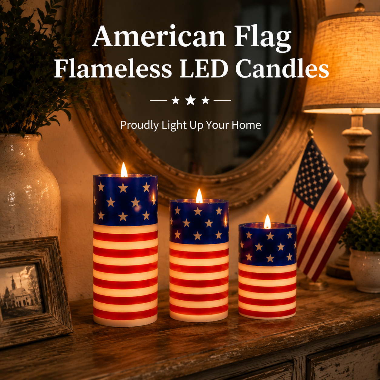 3PCS American Flag Flameless Candles with Moving Flame