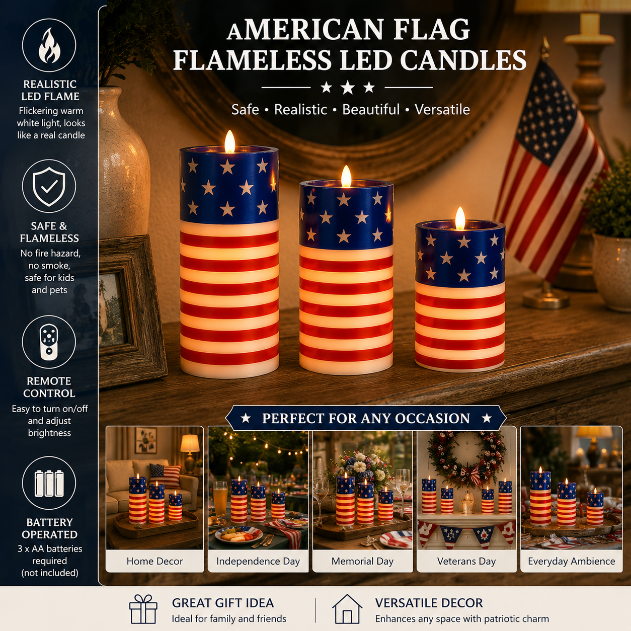 3PCS American Flag Flameless Candles with Moving Flame