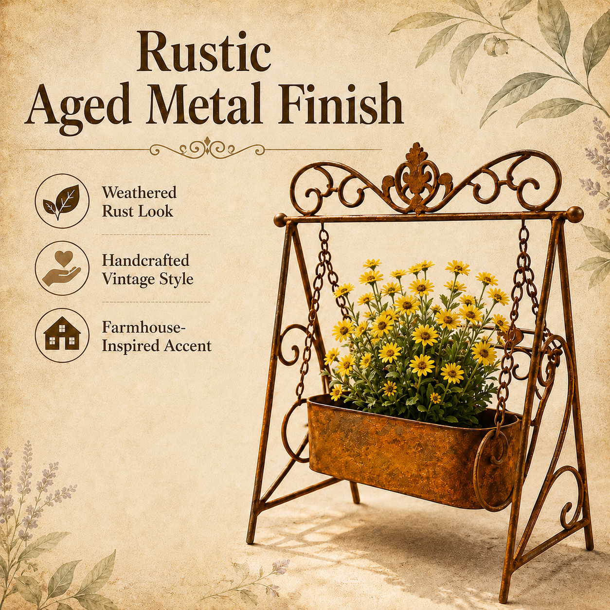 Rustic Metal Swing Chair Planter