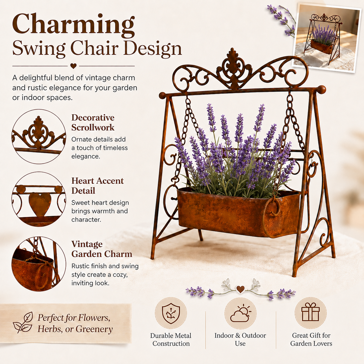 Rustic Metal Swing Chair Planter
