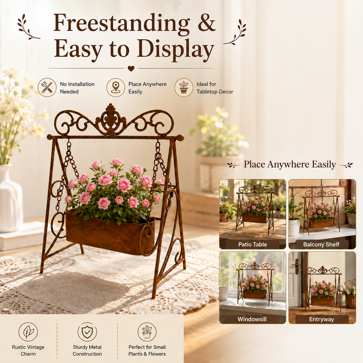 Rustic Metal Swing Chair Planter