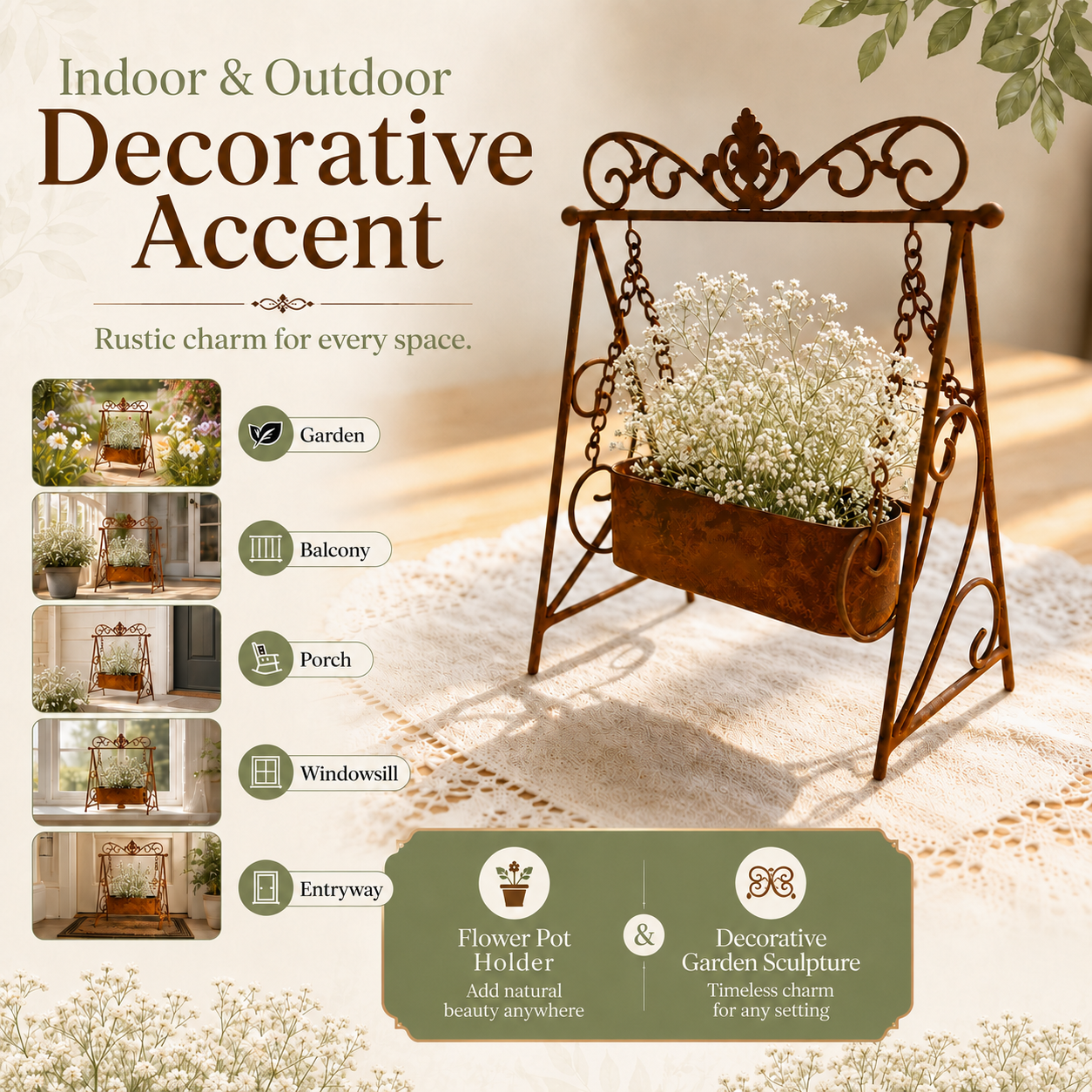 Rustic Metal Swing Chair Planter