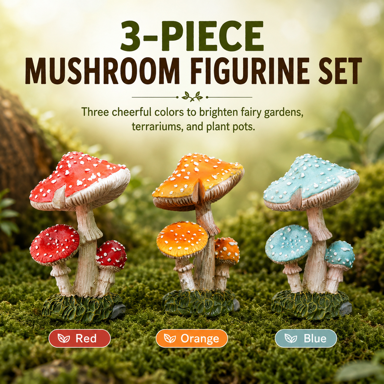 3-Piece Mini Mushroom Figurine Set
