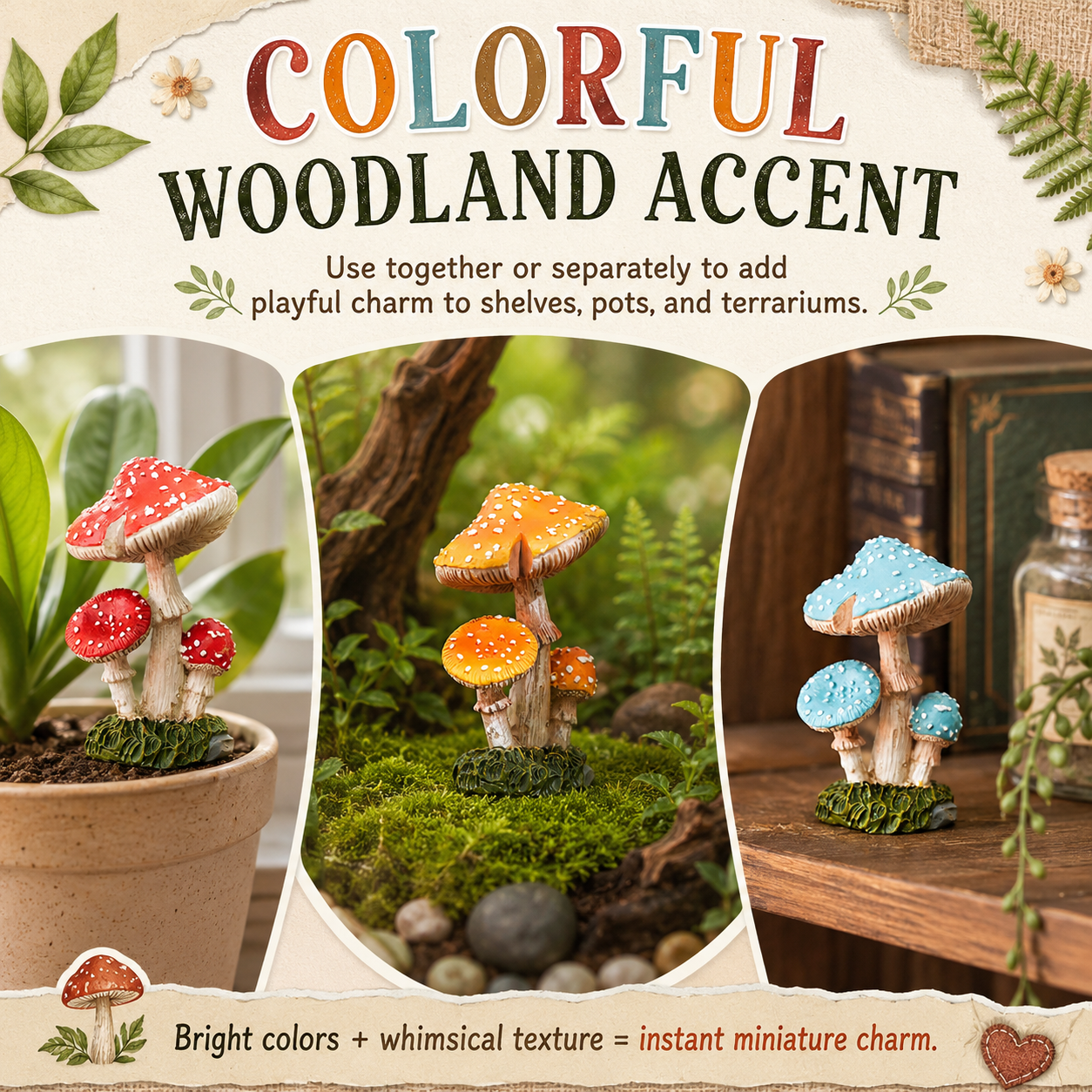 3-Piece Mini Mushroom Figurine Set