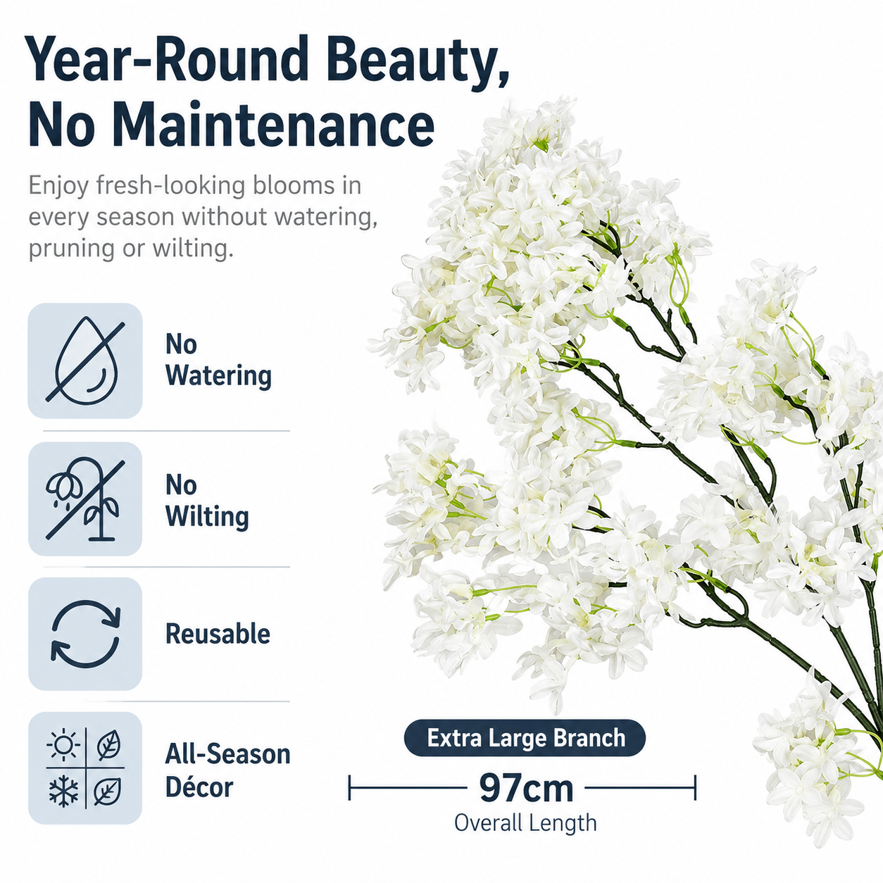 Large White Artificial Lilac Flower Branch