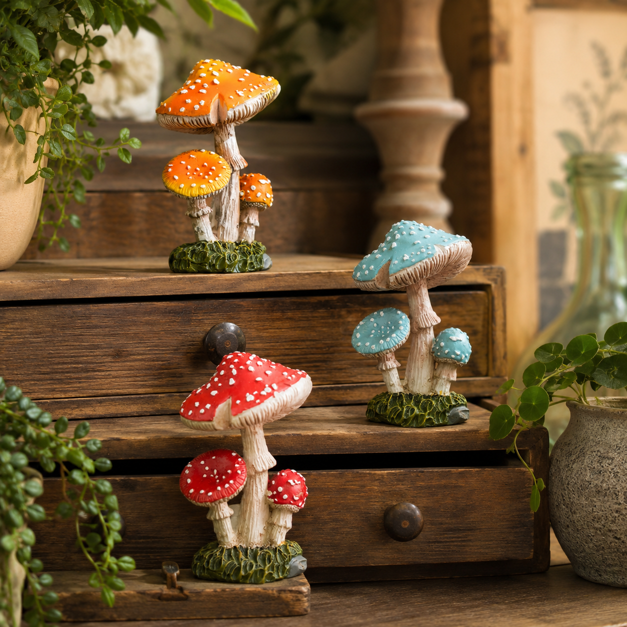 3-Piece Mini Mushroom Figurine Set