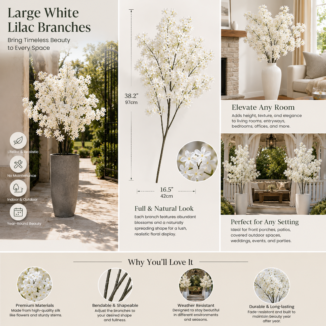 Large White Artificial Lilac Flower Branch